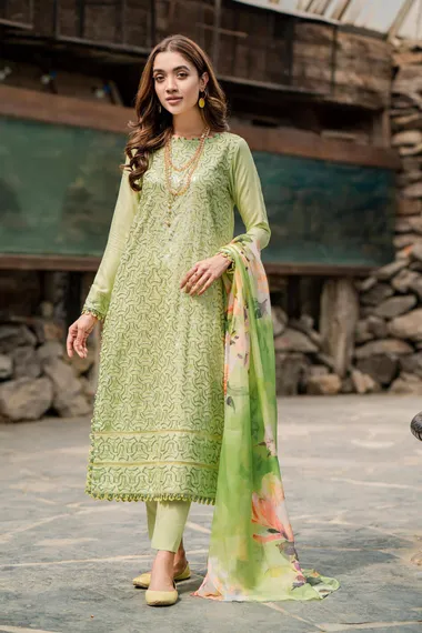 luxury self jacquard sequence embroidered lawn by gulljee, DarkSeaGreen