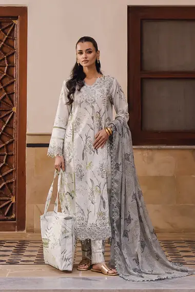 chikankari embroidered printed lawn front with printed lawn dupatta by aabyaan, LightGrey