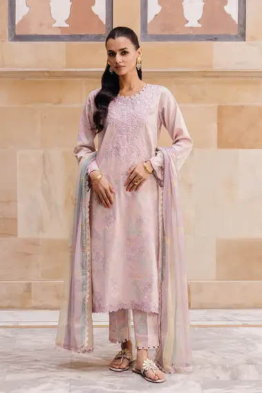 chikankari embroidered printed lawn front with printed lawn dupatta by aabyaan, LightPink