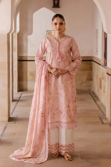 chikankari embroidered printed lawn front with printed lawn dupatta by aabyaan, LightPink