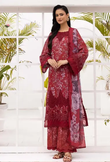 Unstitched Printed Lawn Suit | 07775 by ADANS LIBAS, Red
