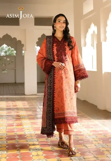 Unstitched Embroidered Lawn Suit | AJUBF-43 by ASIM JOFA, Coral