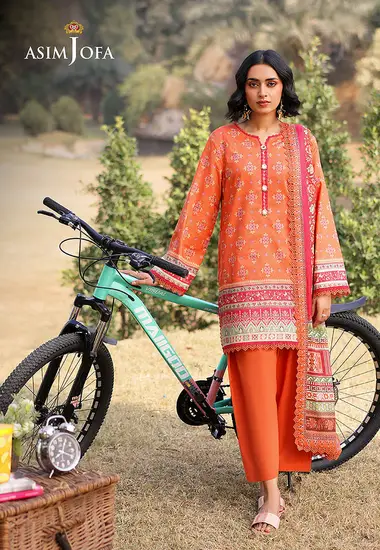 Digital Printed Lawn Shirt lawn dupatta by ASIM JOFA, Orange