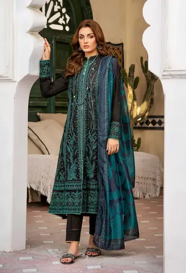 embroidered lawn shirt with silk printed dupatta by adans libas, Black