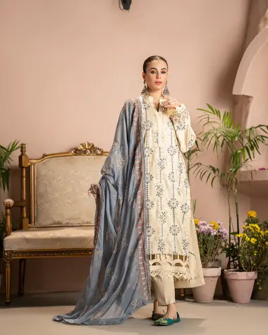embroidered karandi suit with bamber dupatta by anaya hoor, BlanchedAlmond