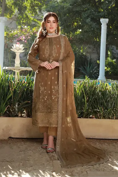 embroidered chiffon suit with fancy chiffon dupatta by dr haris, SaddleBrown