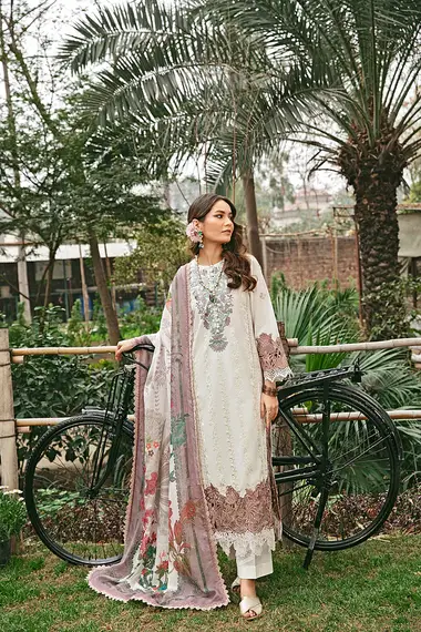 chikankari embroidered front with digital printed chiffon dupatta ffl - 2a by florent, White
