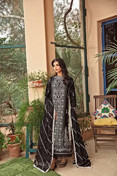 chikankari embroidered front with digital printed chiffon dupatta ffl - 6a by florent, Black