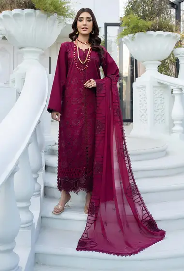 Embroidered Lawn Shirt And Chiffon Dupatta D05 by HUMDUM, Maroon