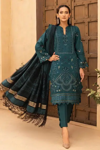 sana samina embroidered wool suit by lala, blue