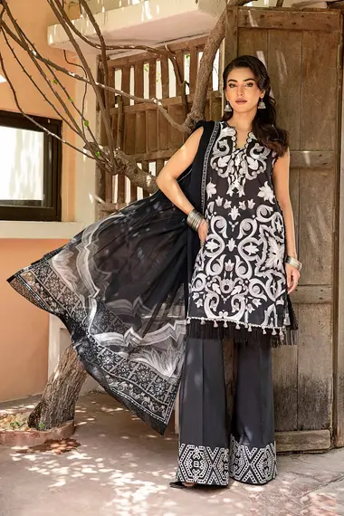 Unstitched Embroidered Lawn Suit | MB-CUS25-904B by MARIA B, Black