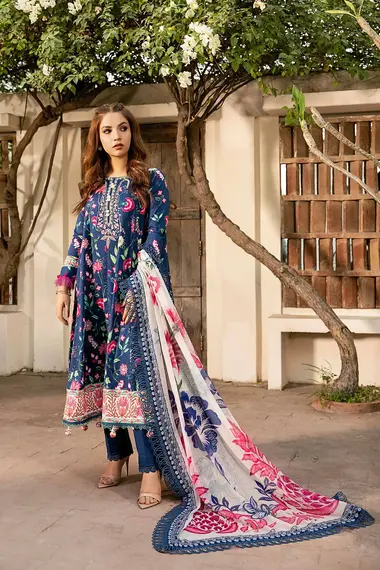 Unstitched Embroidered Lawn Suit | MB-CUS25-901B by MARIA B, Blue