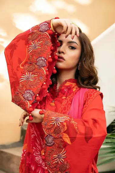 Unstitched Embroidered Lawn Suit | MB-CUS25-907A by MARIA B, Red