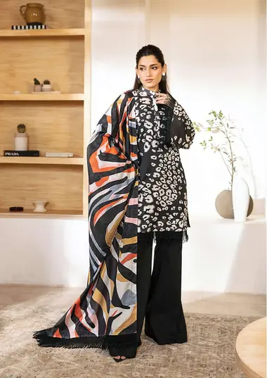Unstitched Elaheh Printed Lawn Suit | MB-ELHV3-07 by MARIA B, Black