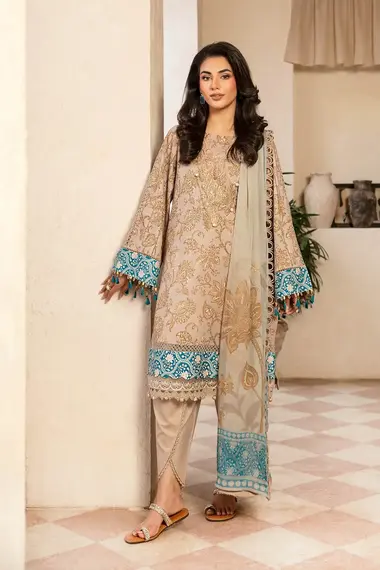 Unstitched Embroidered Lawn Suit | MB-CUS25-909B by MARIA B, Moccasin