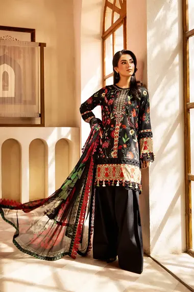 Unstitched Embroidered Lawn Suit | MB-CUS25-901A by MARIA B, Black