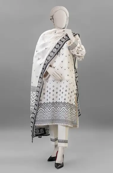 printed lawn shirt with printed lawn dupatta by mtj, White