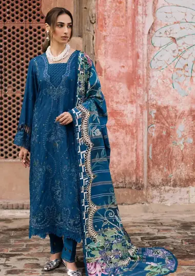 Unstitched Embroidered Linen Suit | NW-102 by NUREH, SteelBlue