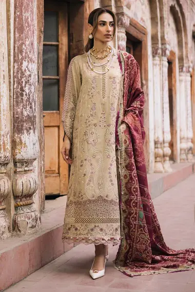 Unstitched Embroidered Linen Suit | NW-101 by NUREH, Beige