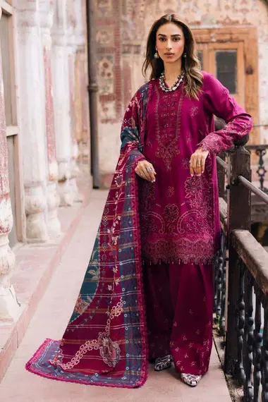 Unstitched Embroidered Linen Suit | NW-100 by NUREH, DarkMagenta