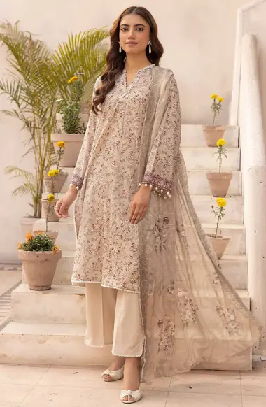 Unstitched Embroidered Lawn Suit | D-33 by Nur, RosyBrown