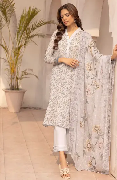 Unstitched Embroidered Lawn Suit | D-39 by Nur, White