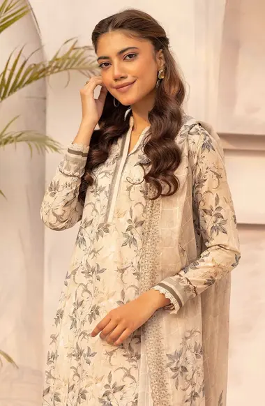 Unstitched Embroidered Lawn Suit | D-35 by Nur, AntiqueWhite