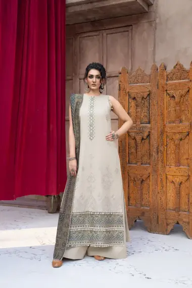 Embroidered Dhanak Kashmeri Shawl Nagar Vol.3 | D09 by PURI FABRICS, Bisque