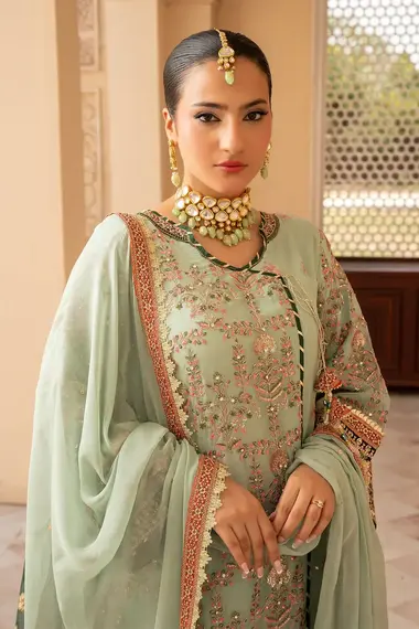 Stitched Embroidered Angrakha Frock | RN-68 by RANG E NOOR, DarkSeaGreen