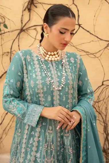 Stitched Embroidered Sharara | RNF-69 by RANG E NOOR, DarkSeaGreen