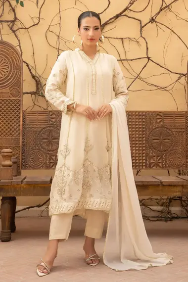 Stitched Embroidered Frock | RNF-29 by RANG E NOOR, FloralWhite