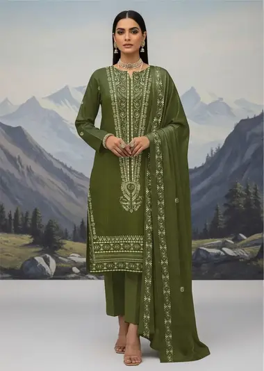 Unstitched Embroidered Dhanak | V-2512622-4 by RANGOON, DarkOliveGreen