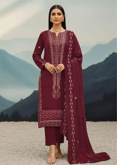 Unstitched Embroidered Dhanak | V-2512622-6 by RANGOON, Maroon