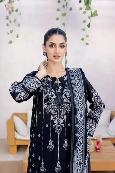 Unstitched Printed Lawn Suit by REGALIA TEXTILE, Black