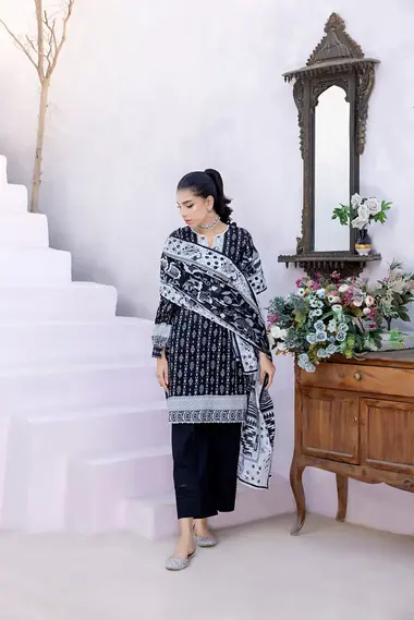 Unstitched Printed Lawn Suit by REGALIA TEXTILE, Black