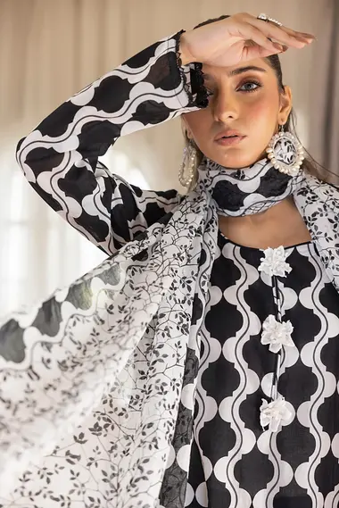 Unstitched Printed Lawn Suit by REGALIA TEXTILE, Black