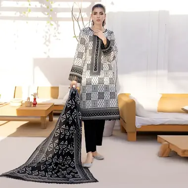 Unstitched Printed Lawn Suit by REGALIA TEXTILE, Black
