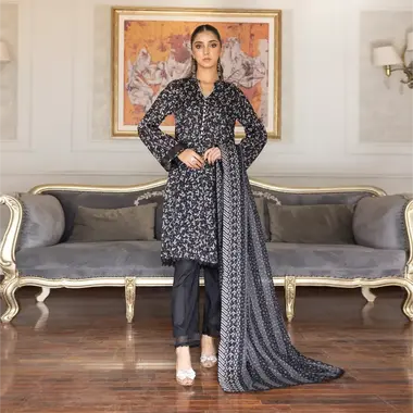 Unstitched Printed Lawn Suit by REGALIA TEXTILE, Black