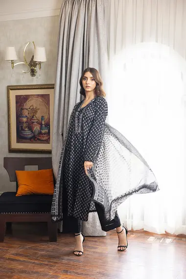 Unstitched Printed Lawn Suit by REGALIA TEXTILE, Black