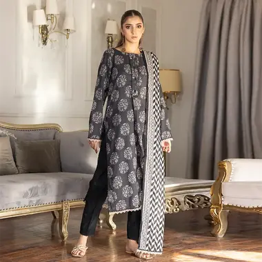 Unstitched Printed Lawn Suit by REGALIA TEXTILE, Black