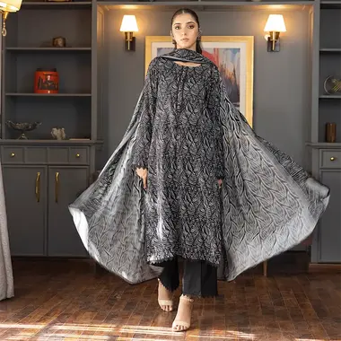Unstitched Printed Lawn Suit by REGALIA TEXTILE, Black