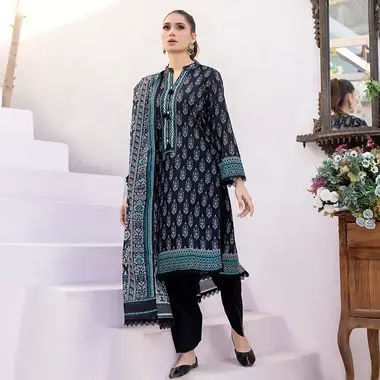 Unstitched Printed Lawn Suit by REGALIA TEXTILE, Black