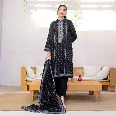 Unstitched Printed Lawn Suit by REGALIA TEXTILE, Black