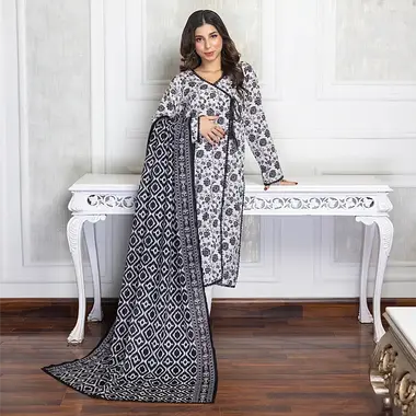 Unstitched Printed Lawn Suit by REGALIA TEXTILE, Black