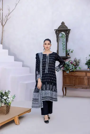 Unstitched Printed Lawn Suit by REGALIA TEXTILE, Black