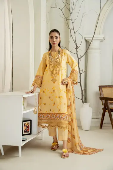 Unstitched Embroidered Lawn Suit | Maharukh D-04 by SANAM SAEED, Yellow