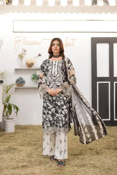 Unstitched Embroidered Lawn Suit | D-01 by SANAM SAEED, Black
