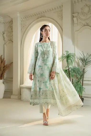 Unstitched Embroidered Lawn Suit | Maharukh D-02 by SANAM SAEED, DarkSeaGreen