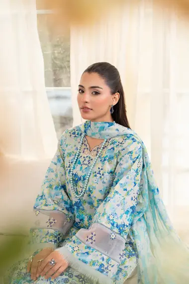 Unstitched Embroidered Lawn Suit | D-04 by SANAM SAEED, CornflowerBlue