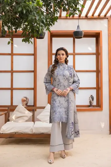Unstitched Embroidered Dhanak Suit | D10 by SANAM SAEED, DarkGray